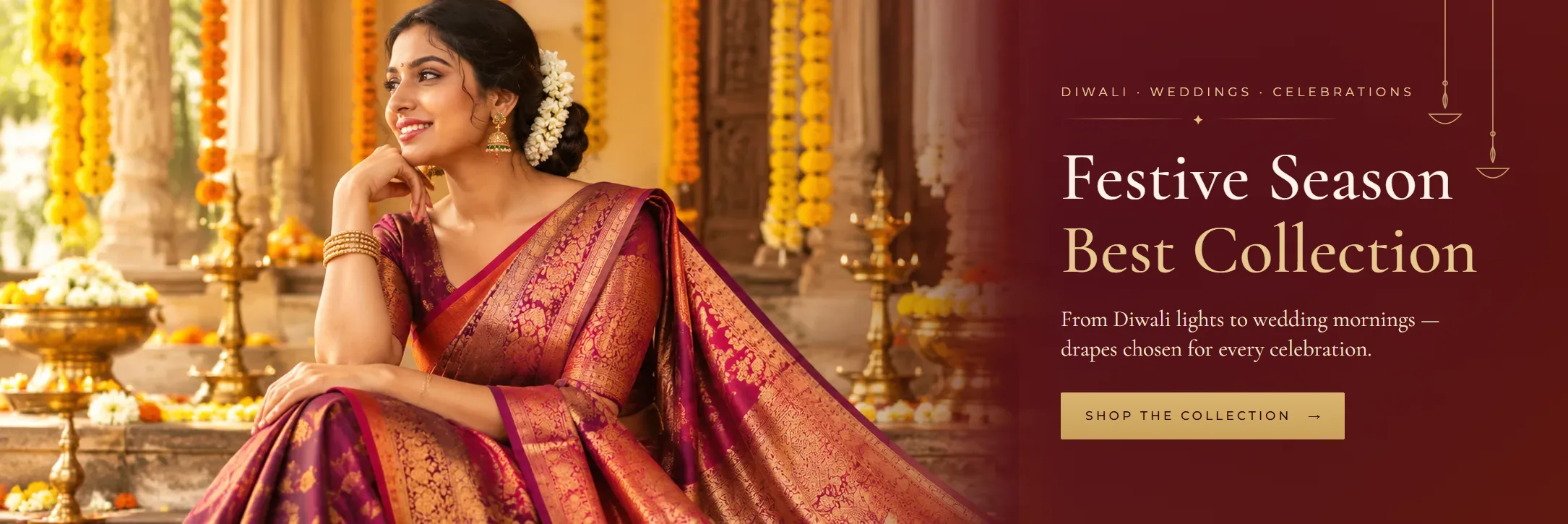 Festive Season Best Collection — a model in a magenta and gold silk saree, seated among marigold garlands and brass lamps